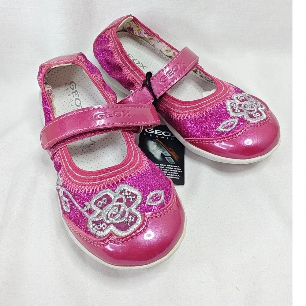 Geox Jodie Ballerina Flat Pink Glitter Floral Mary‎ Jane Shoes 10 US 27 EU New